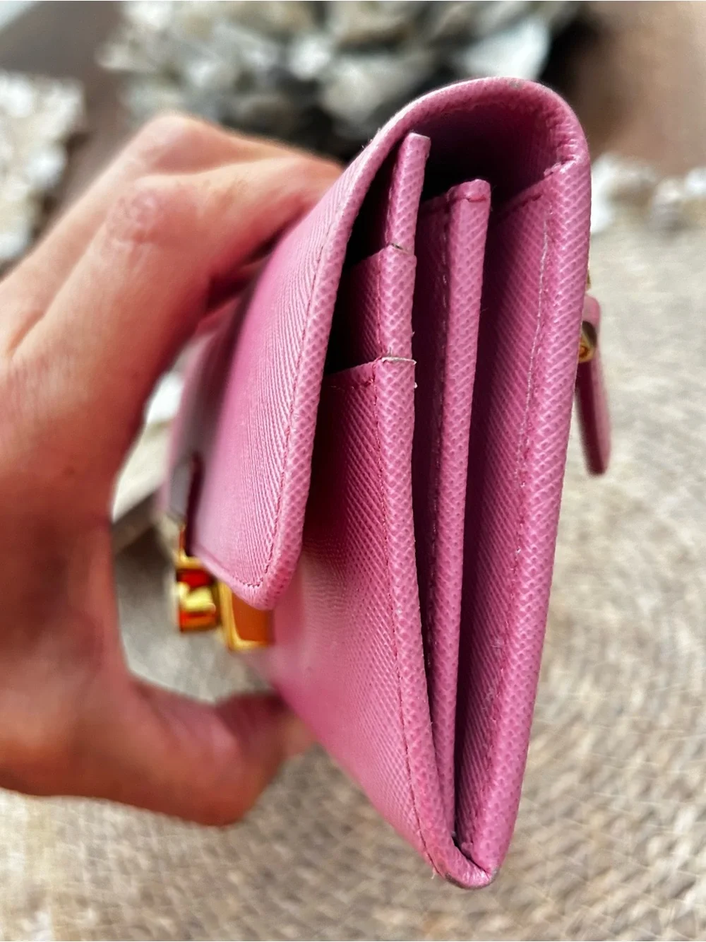 Prada Pink Saffiano Leather Wallet with Gold Lock